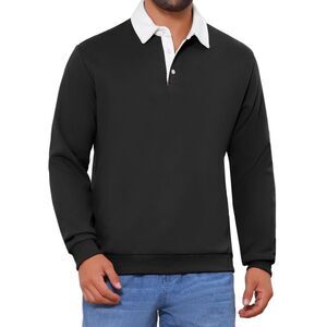 Contrast Collared Long Sleeves Pullover Polo Sweatshirt Black